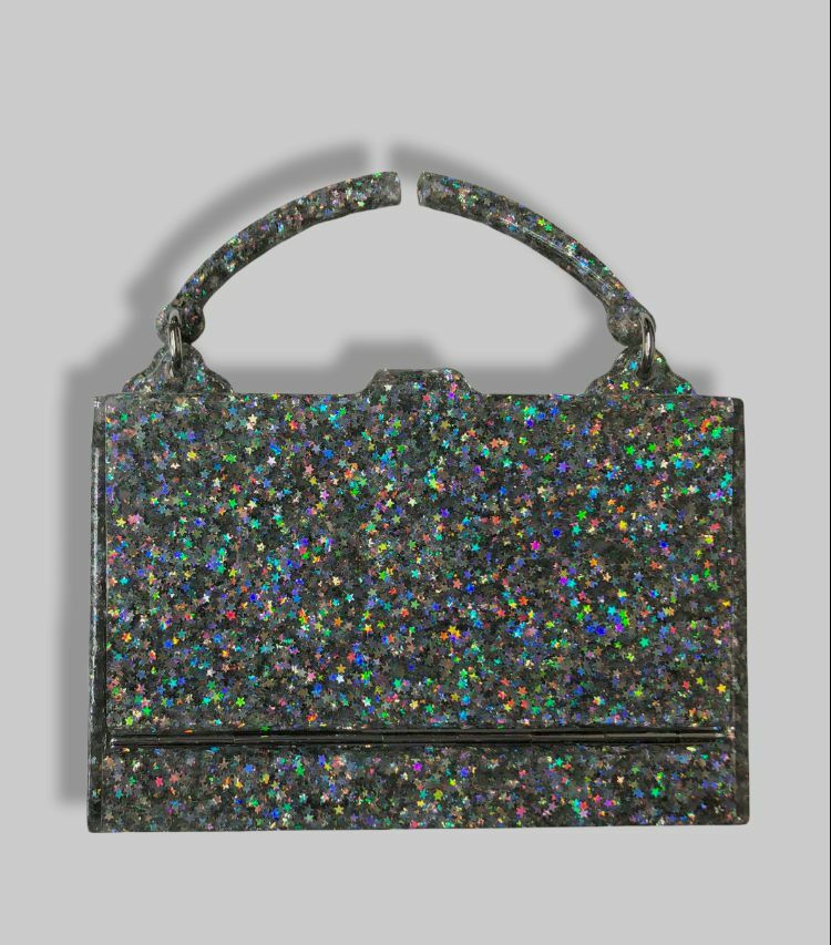 $1296 Edie Parker Women’s Silver Glitter Star Top-Handle Vanity-Mirror Box Bag
