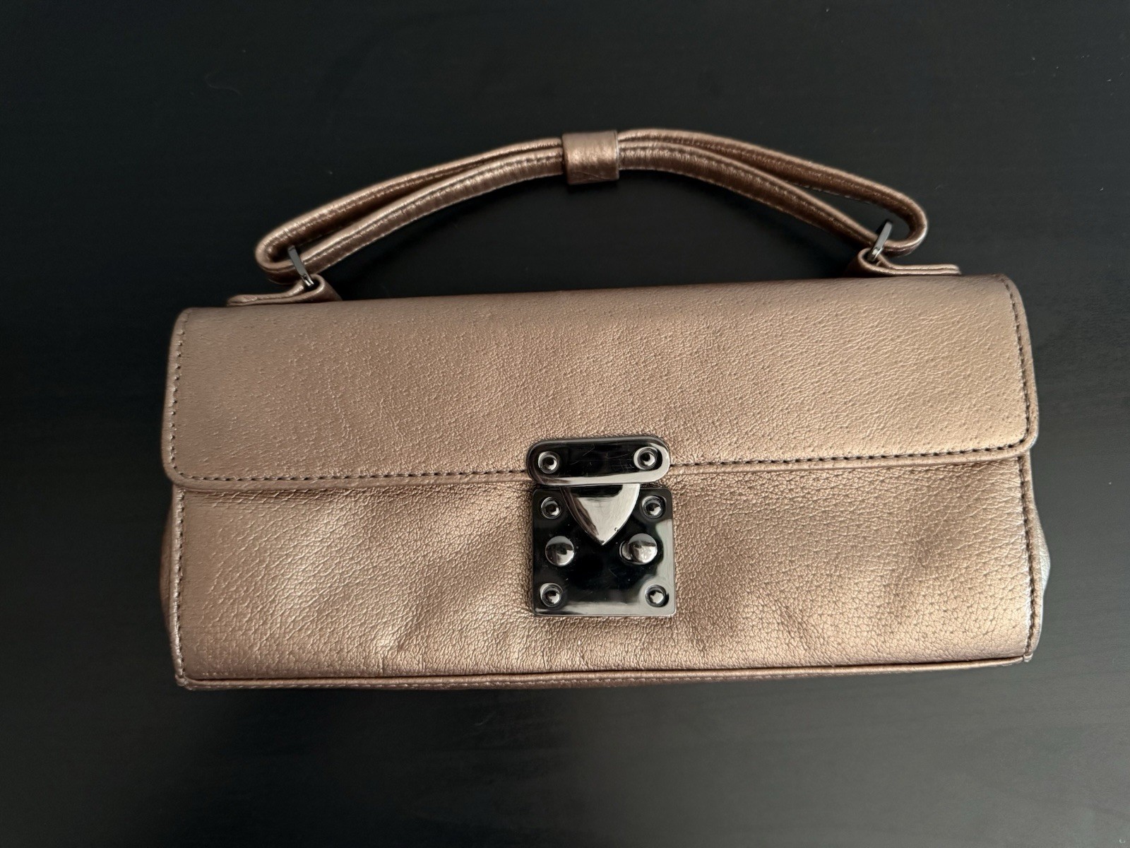 Hype Y2K Gold/Bronze Genuine Leather Handle Clutch~Metallic~ trunk-lock hardware