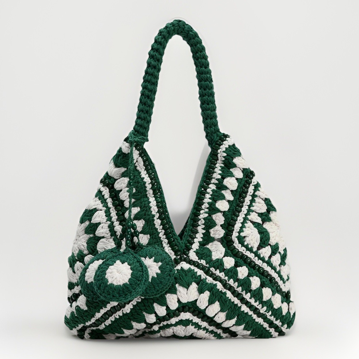 NWOT Zara Crochet Bucket Bag Green White Beads 12×18 Inches Med Charms Shoulder