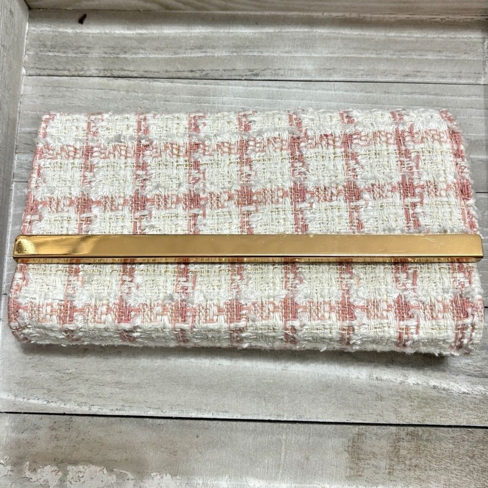 VENUS Tweed Wallet Clutch Pink Cream Vintage Inspired Gold Bar
