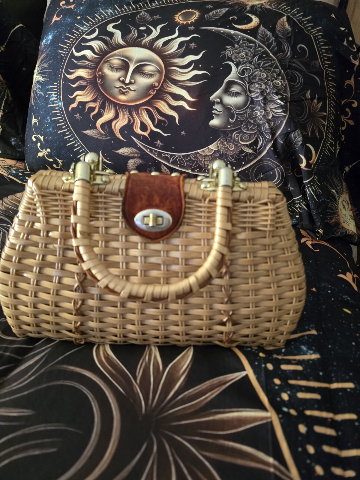 Handmade Beige Wicker Top Handle Basket Bag Turn Lock Lined, Pockets Gold
