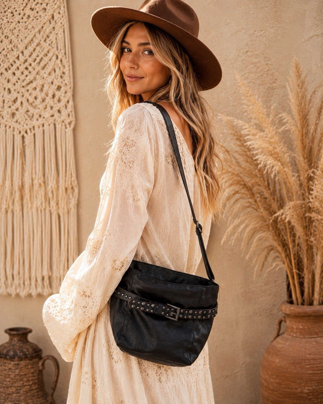 Free People Studded Leather Bucket Crossbody Bag Black Boho Whimsigoth Festival