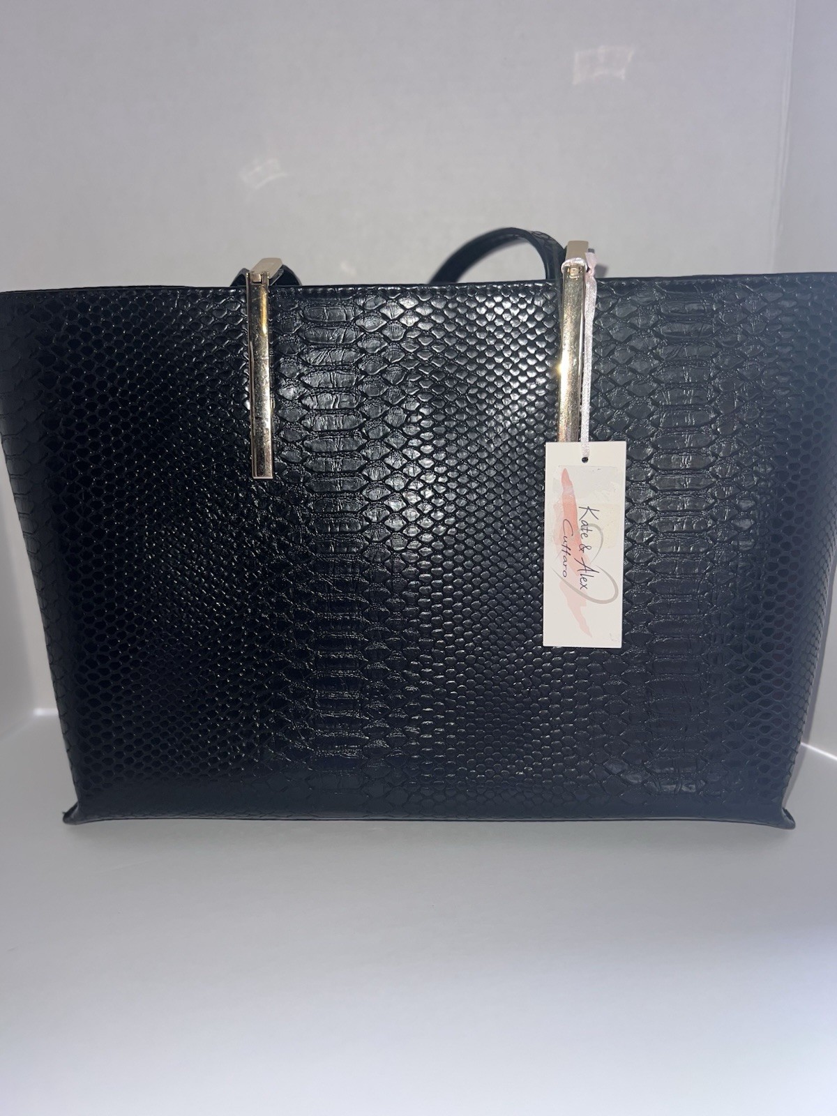 Kate & Alex Cattaro Black Large Snake Embossed Tote Zip/Snap Lined Pockets