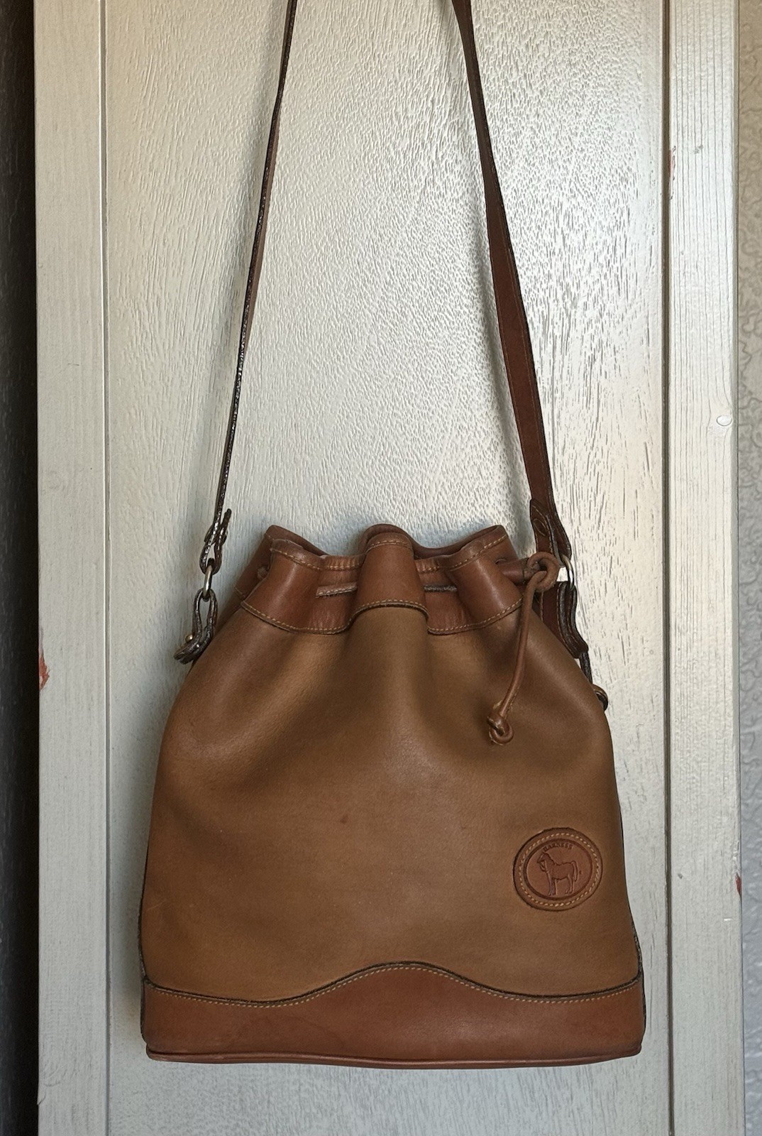 Vintage Harness Leather Drawstring Bucket Bag – Rustic Cognac Leather Crossbody