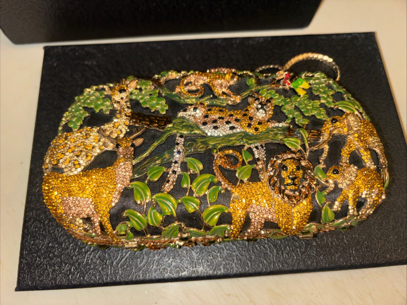 Fabulous Charles Dary Swarovski Crystal Enameled Jungle Clutch Leopard Purse