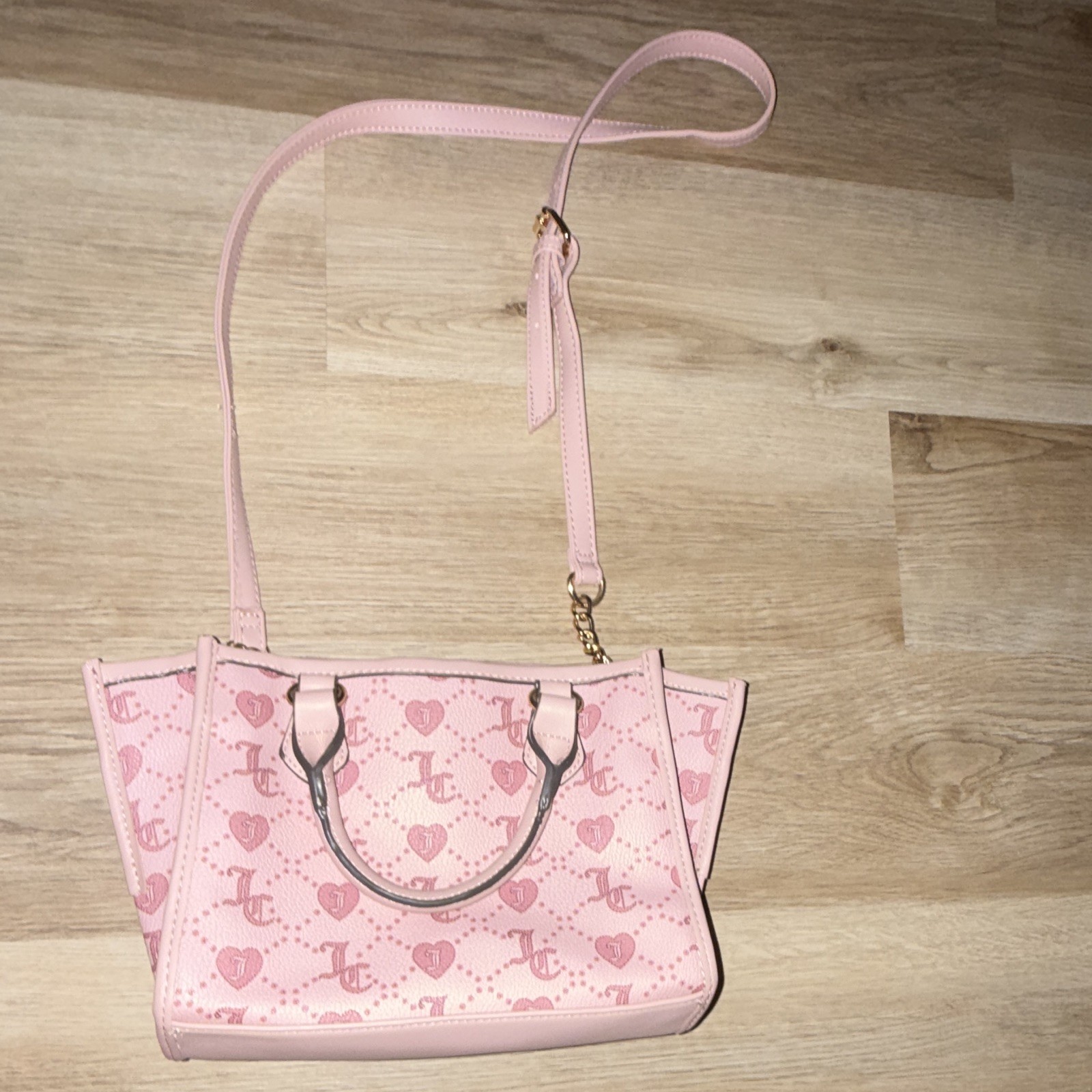 Juicy Couture Pink Logo Heart Print Crossbody Bag Zip Snap Detachable Gold