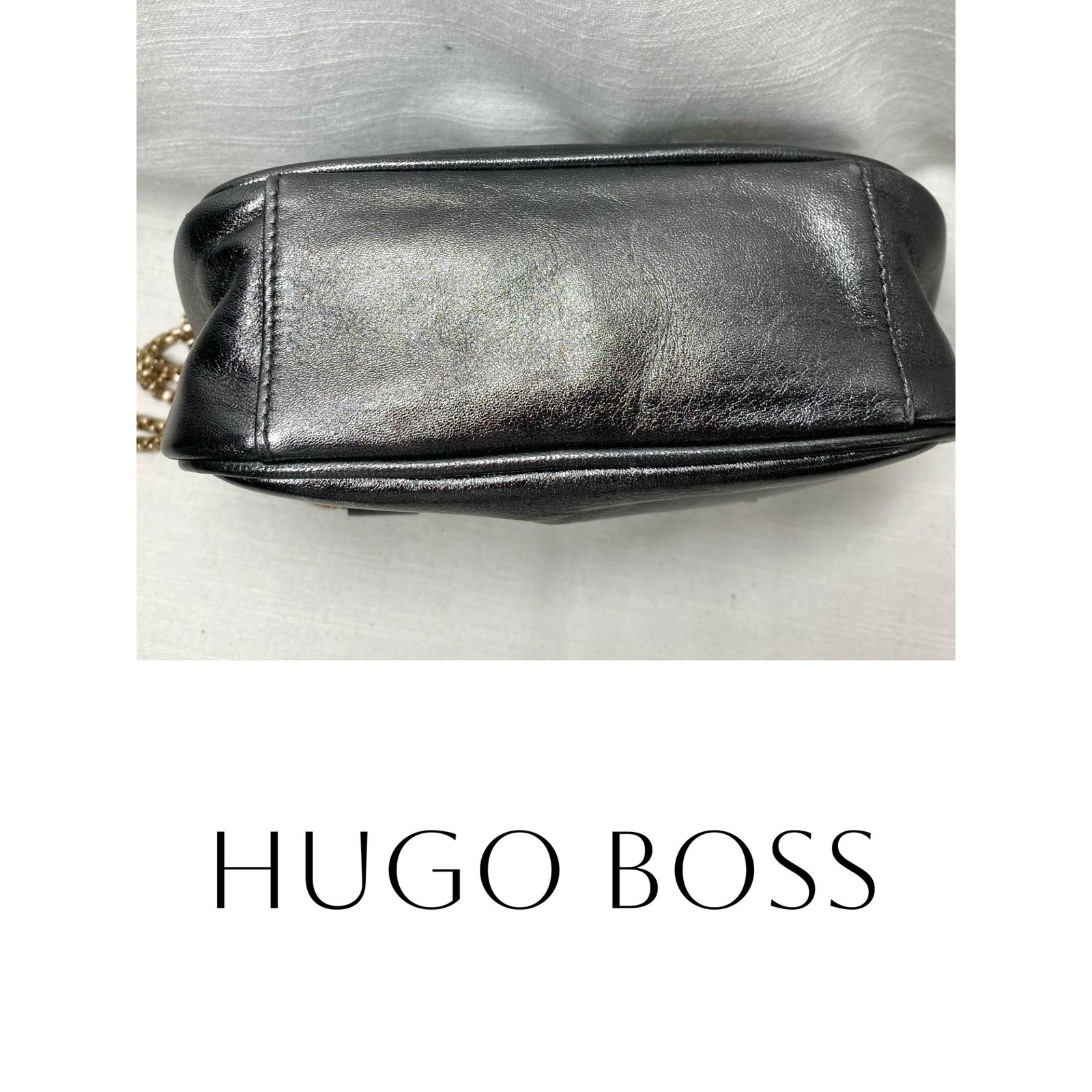 Hugo Boss Metallic Pewter Mini Shoulder Bag Crossbody Chain Strap Minimalist