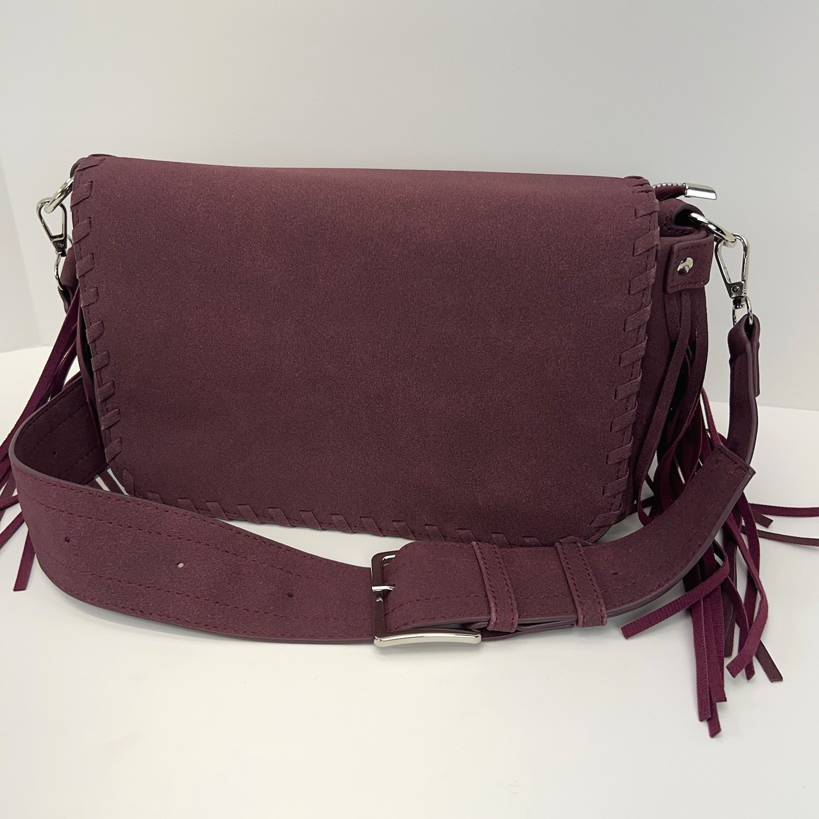 BOHO FRINGED Saddle Bag Faux Suede Maroon Wide Crossbody Western Shoulder Purse
