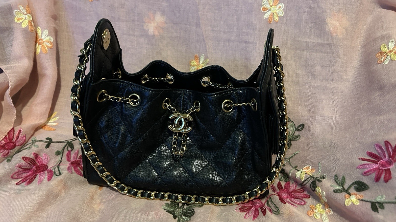 CHANEL Mini Black Quilted Hobo Bag Gold Hardware Chain Strap Magnetic Closure