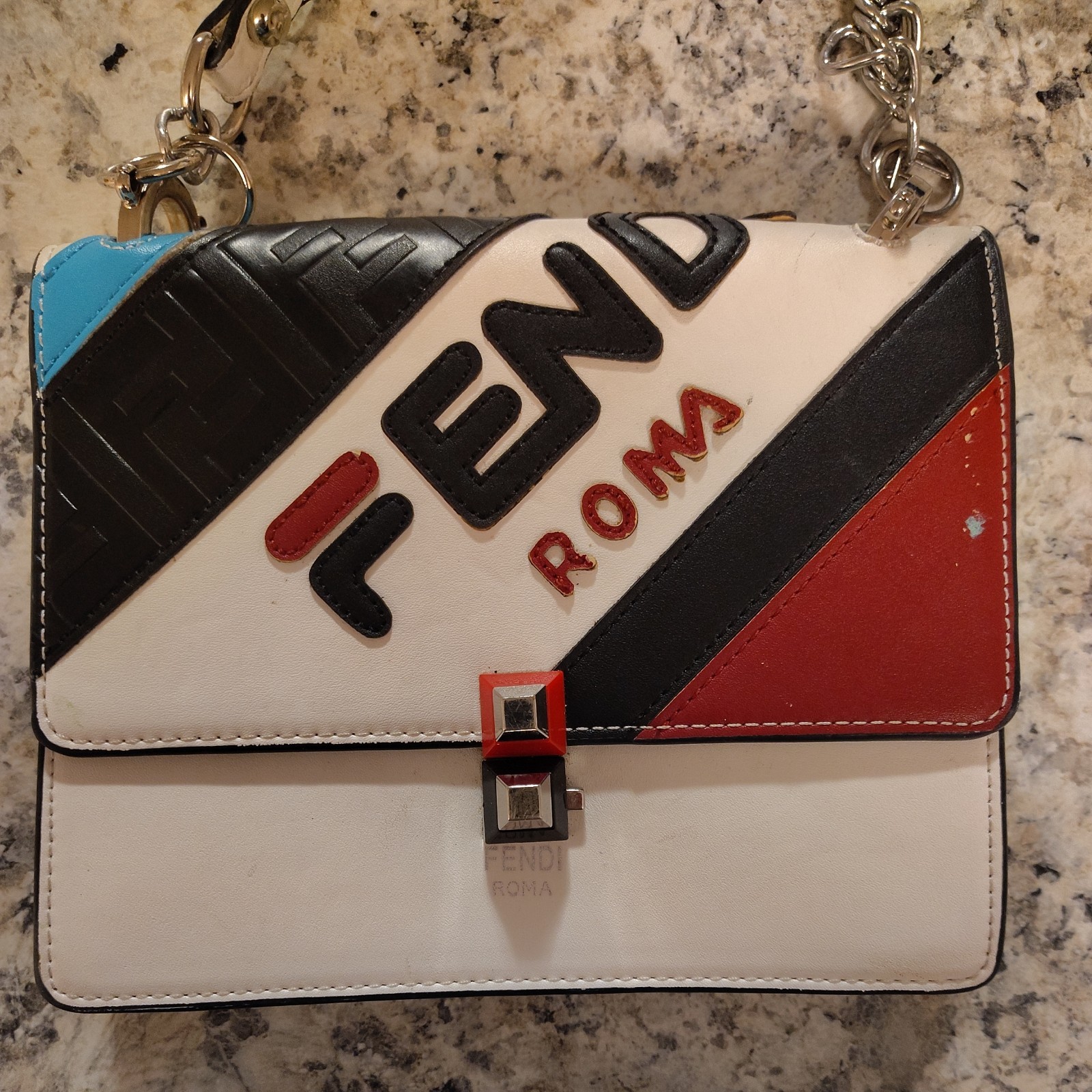 Fendi Colorblock Logo Top Handle Bag Black Blue Red Silver Hardware