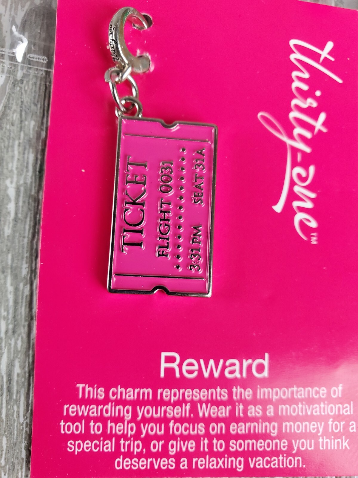 Thirty-One Charm #286A Pink TICKET, Chrome-Plated Zinc Alloy – REWARD – NEW