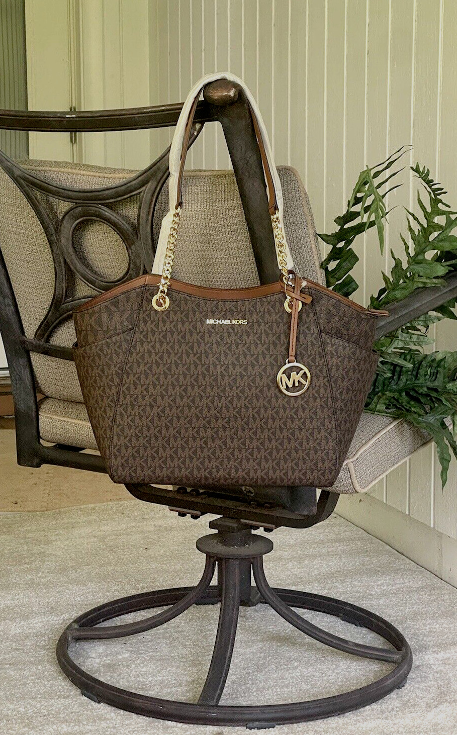 MICHAEL KORS JET SET TRAVEL LARGE MEDIUM CHAIN SHOULDER TOTE BAG MK BROWN LOGO