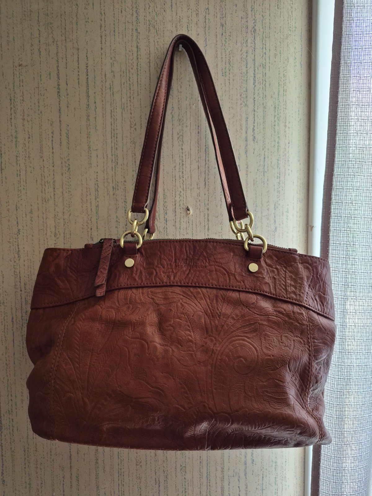 American Leather Co. Tooled Floral Leather Shoulder Bag Full Grain Brushed Brass