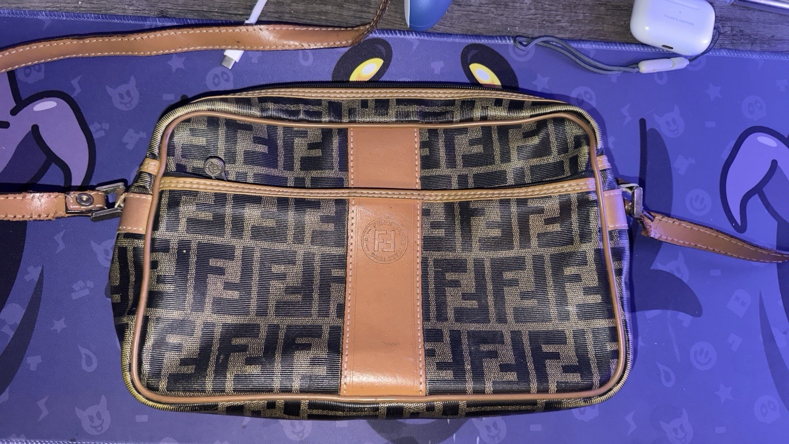 Vintage Fendi Zucca FF Monogram Canvas Leather Crossbody Shoulder Bag