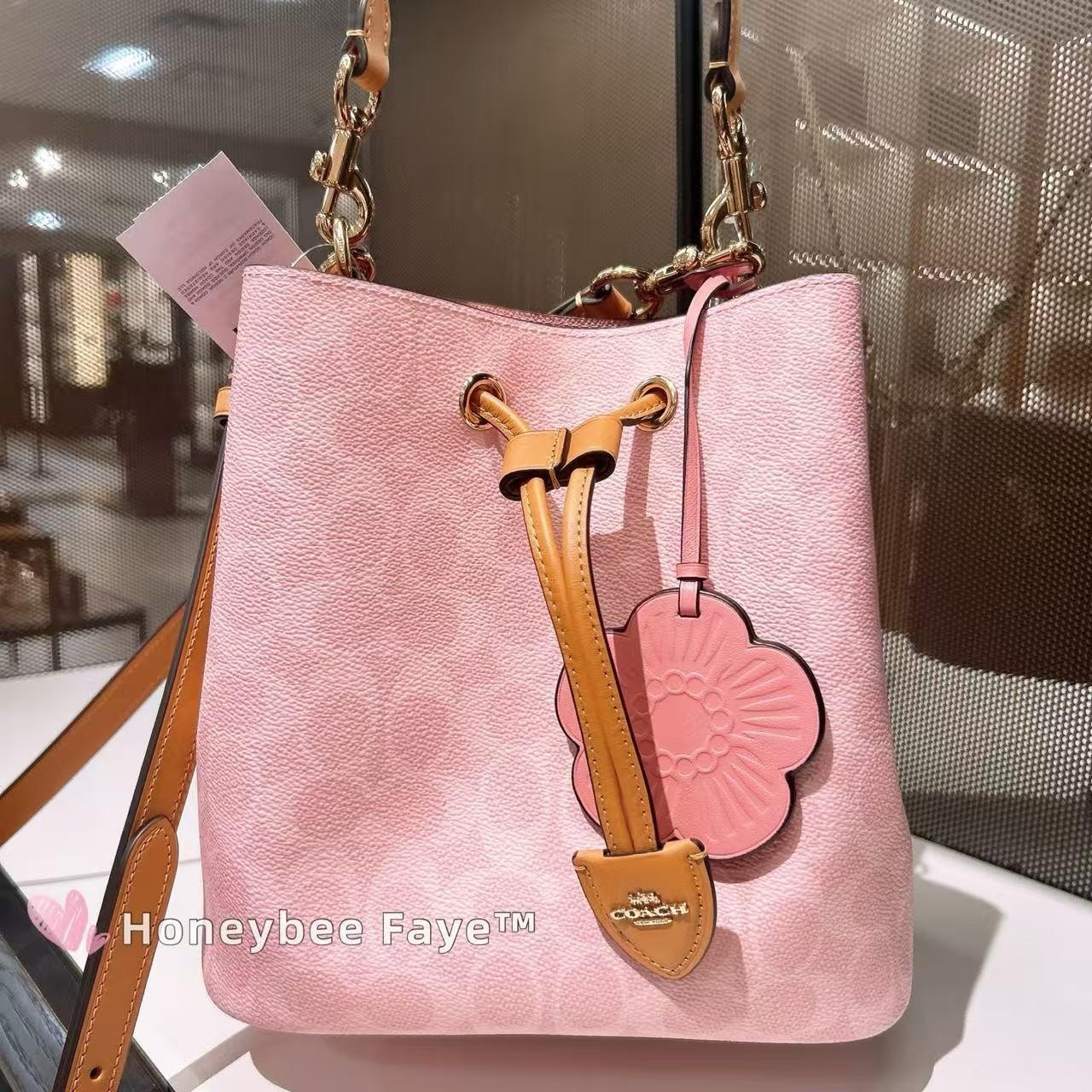 NWT Coach CEA23 Rowan Bucket Bag In Signature Canvas With Charms Powder Pink