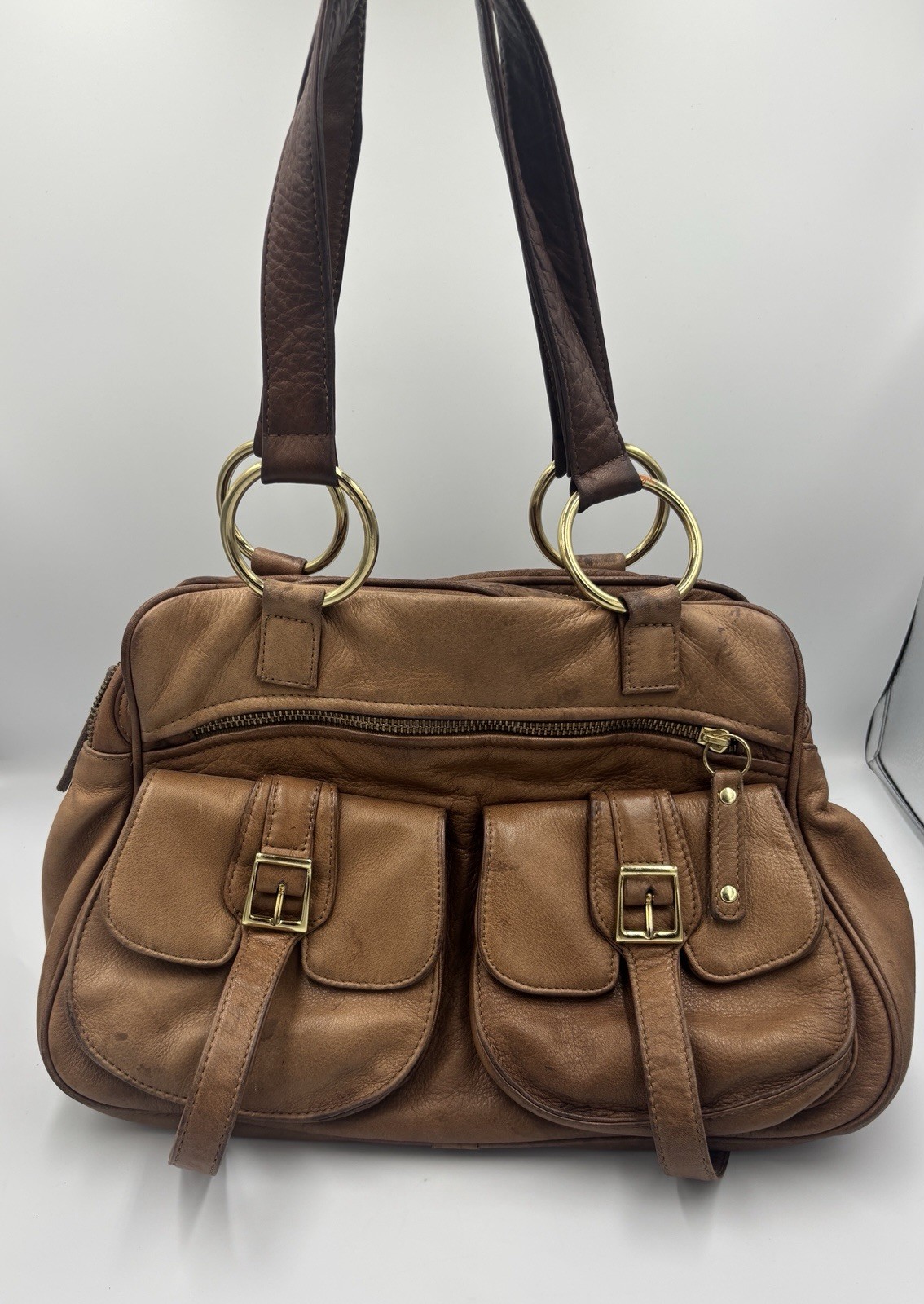 VTG Bulga Brown Shoulder Boho Hobo Bag Medium Zip Top Double Handles Buckle