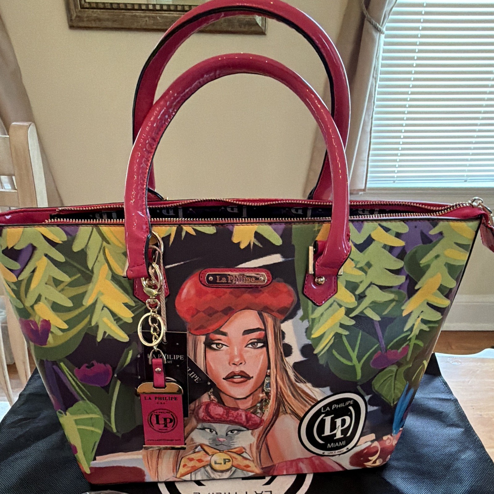 La Philipe Miami Floral Art Satchel Multicolor Patent Pink Handles Zip Strap