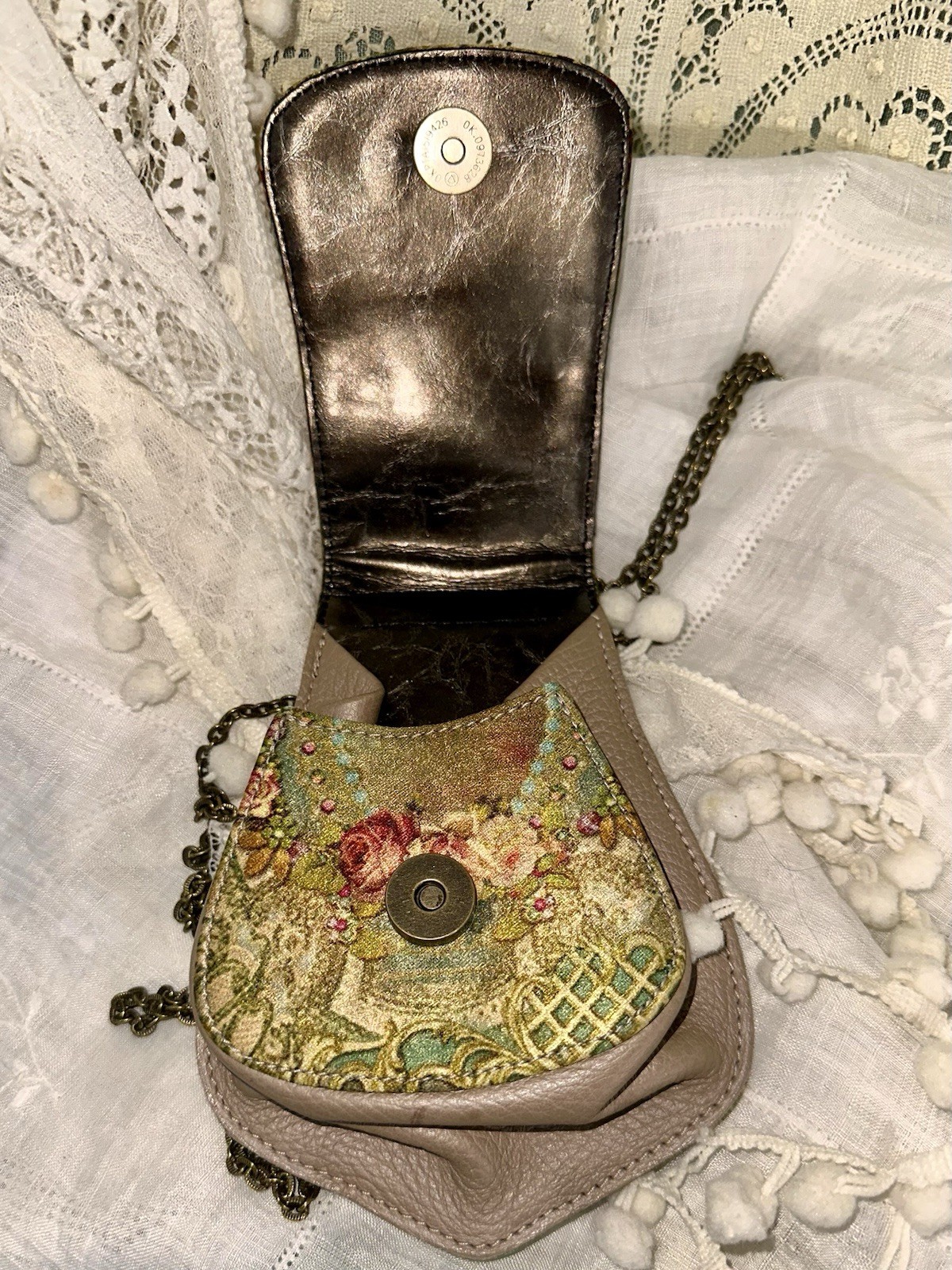 Michal Negrin printed leather w/Swarovski crystals cross body purse on chain