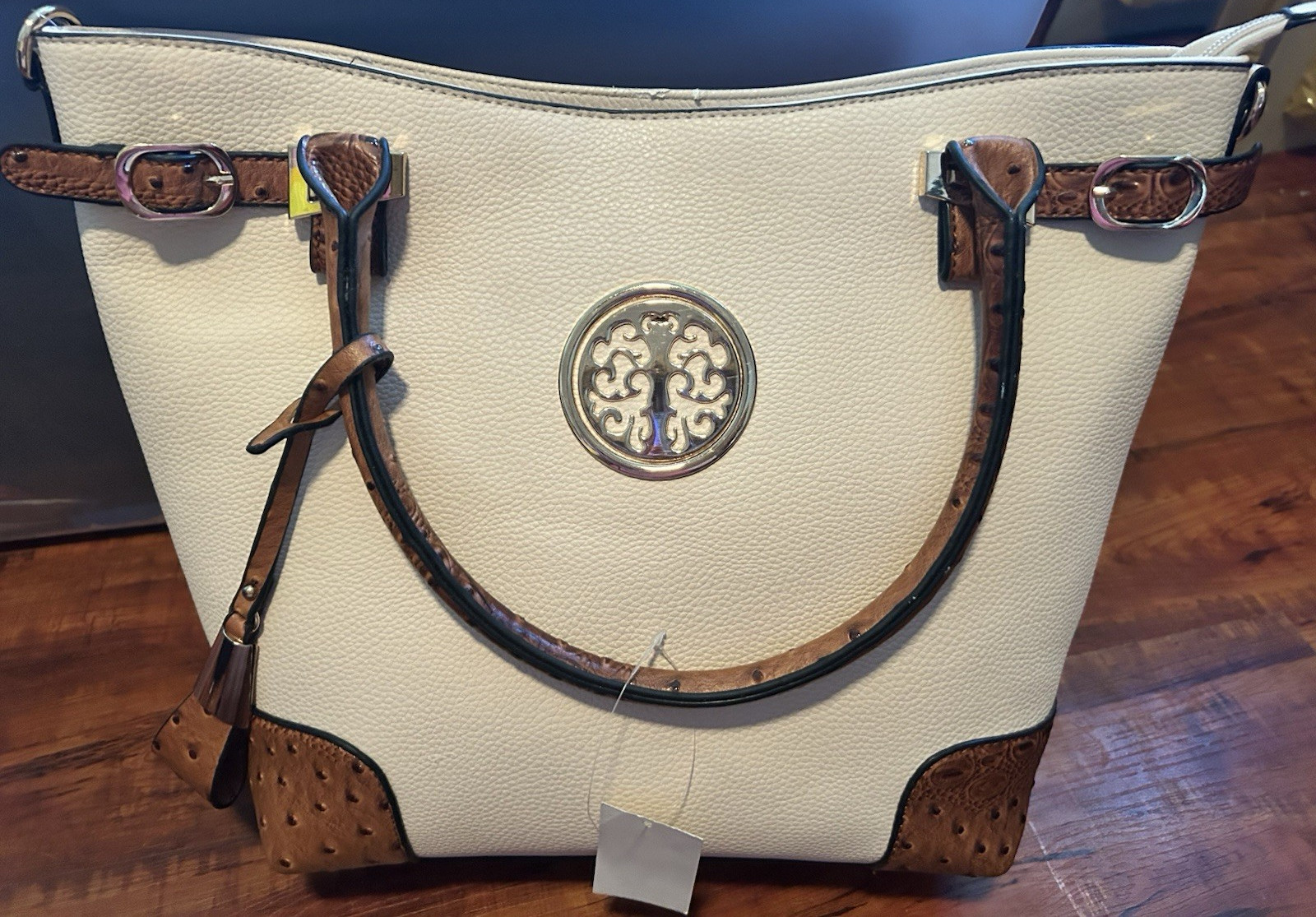 Versona Ivory Brown Shoulder Bag Zip Closure Logo Buckle Tag Silver Hardware