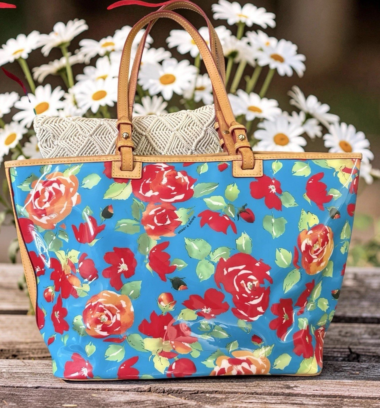 Dooney Bourke Blue Red Yellow Floral Rose Large Tote Shopper Shoulder Bag