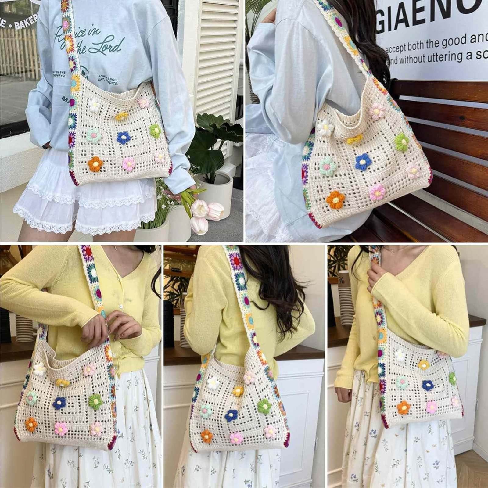 Knit Beach Bag for Women Small Boho Tote Summer Embroidered Handbag