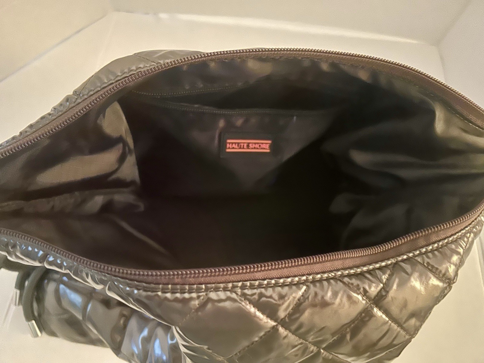Haute Shore Stacey Convertible Quilted Shoulder Bag Pewter Metallic Patent Shiny