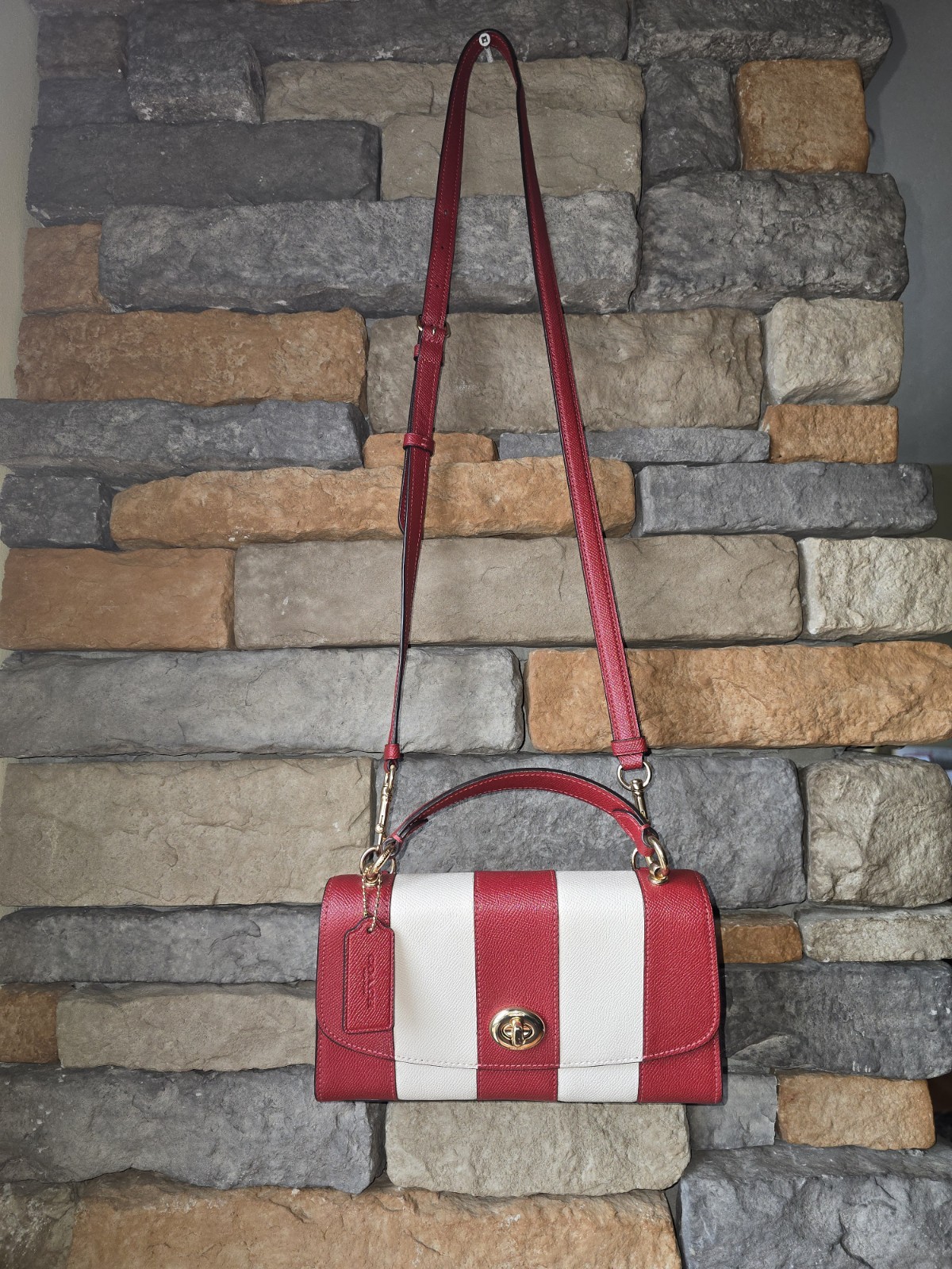 COACH C1435 Red White Tilly Top Handle Crossgrain Satchel Crossbody Gold Trnlock