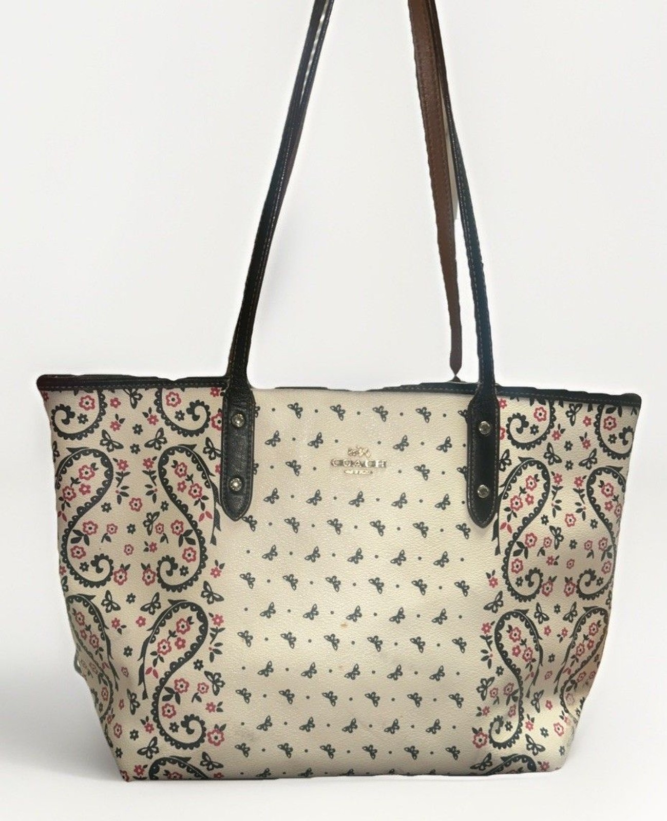 Vtg Coach Paisley Butterfly City Tote Bag Purse Leather Pink White Black Read