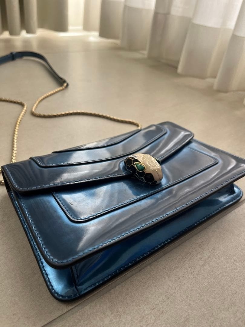 BVLGARI Serpenti Forever Calf Leather Flap Shoulder Bag Blue Metallic