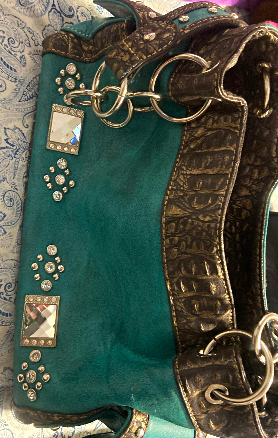 Montana West Turquoise Brown Western Shoulder Bag, Studded Rhinestone Buckle