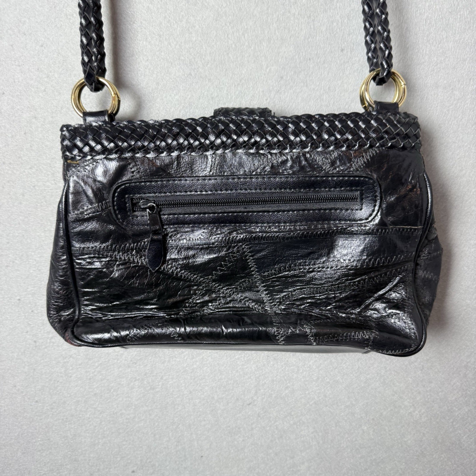 Vintage Warren Reed Black Faux Leather Woven Strap Snap Closure Shoulder Bag