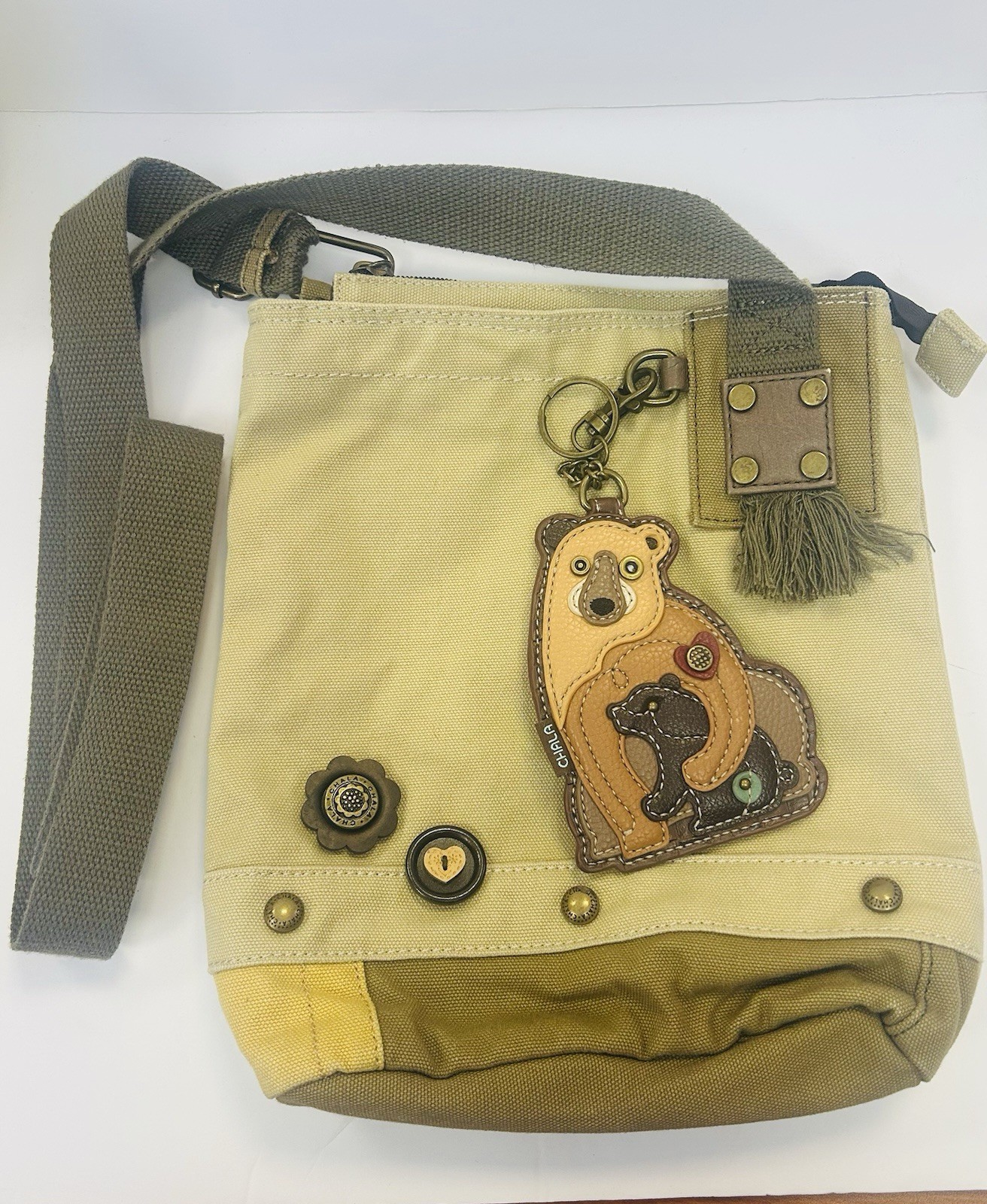 Chala Messenger Crossbody Bag Purse Canvas W/Coin Purse Mama Baby Cub Bears Tan