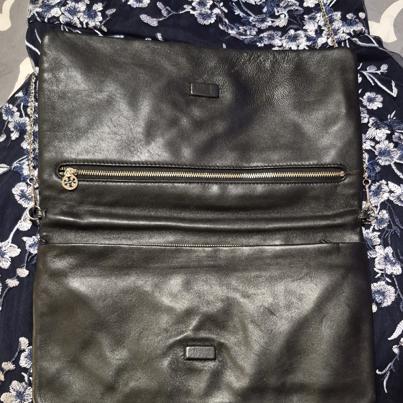 Tory Burch Metallic Silver Croc Embossed Leather Foldover Clutch Crossbody Bag