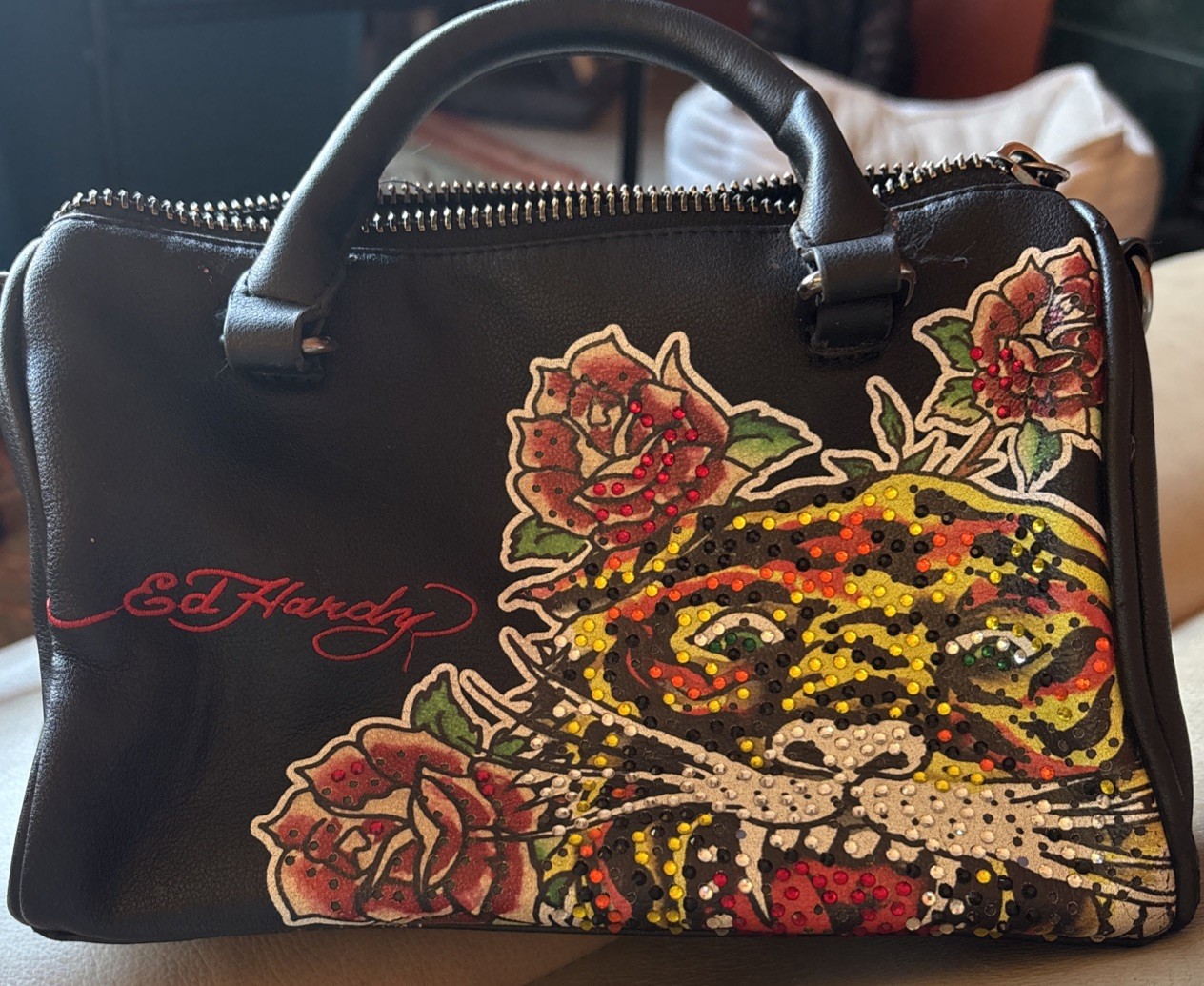 Ed Hardy Black Hand Bag With Bedazzled Tiger Design