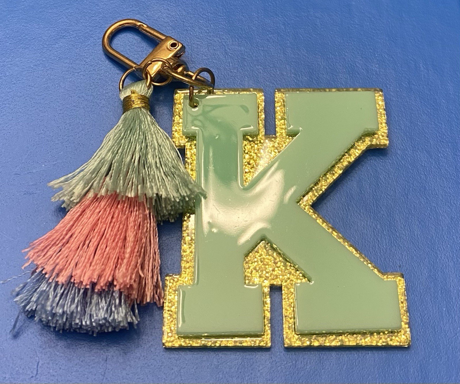 Very Cute 3.25” Initial Monogram K Bag Hat Clip Blues & Pink Tassels