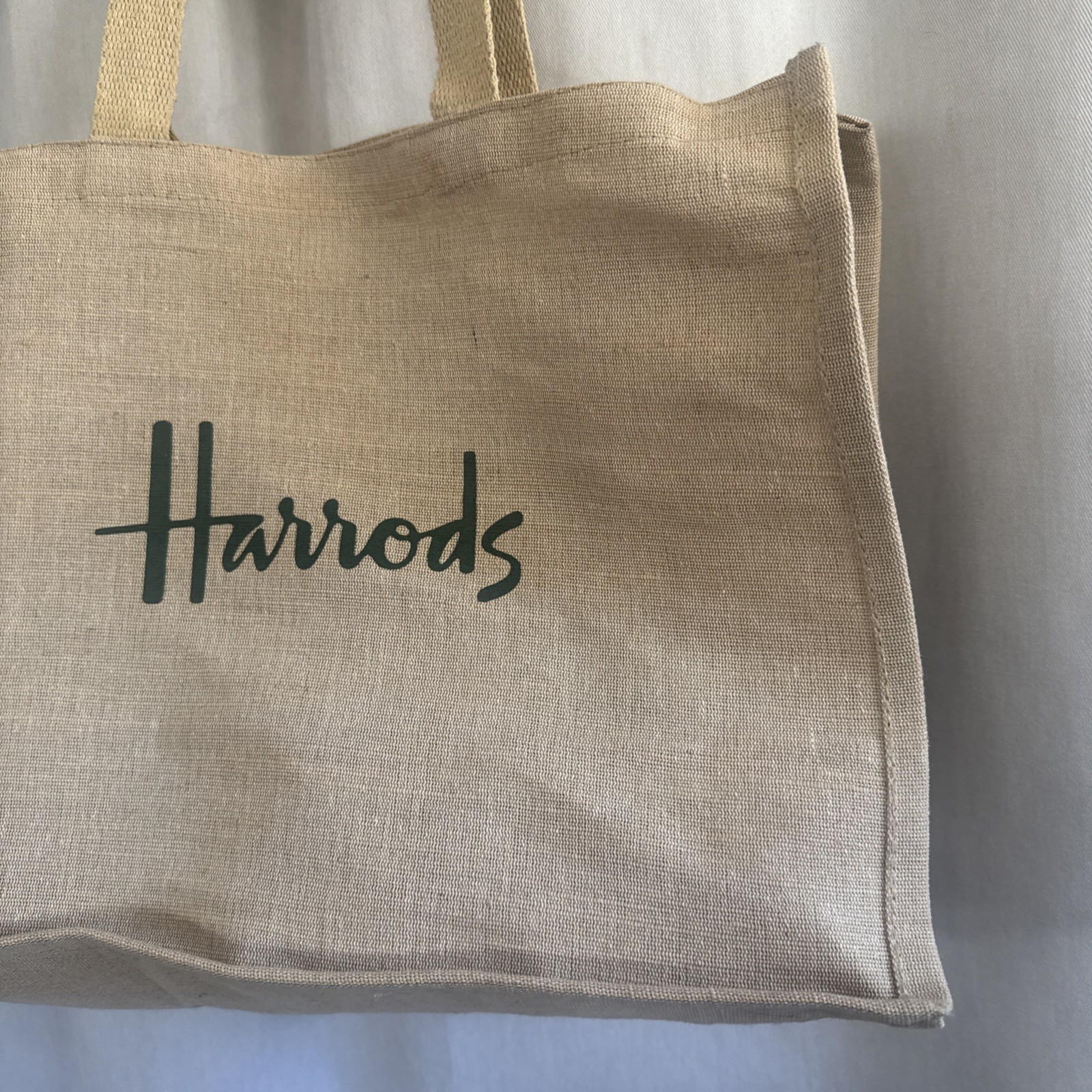 Harrods of London Jute Tote Bag. New with tags, beige with green logo