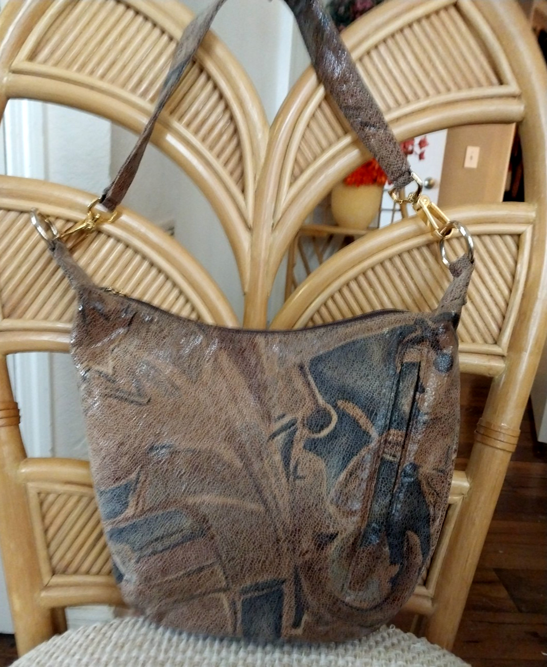 BAGS BY PINKY GENUINE LEATHER Roomy HOBO Taupe Print Snake Skin Look MADE IN USA