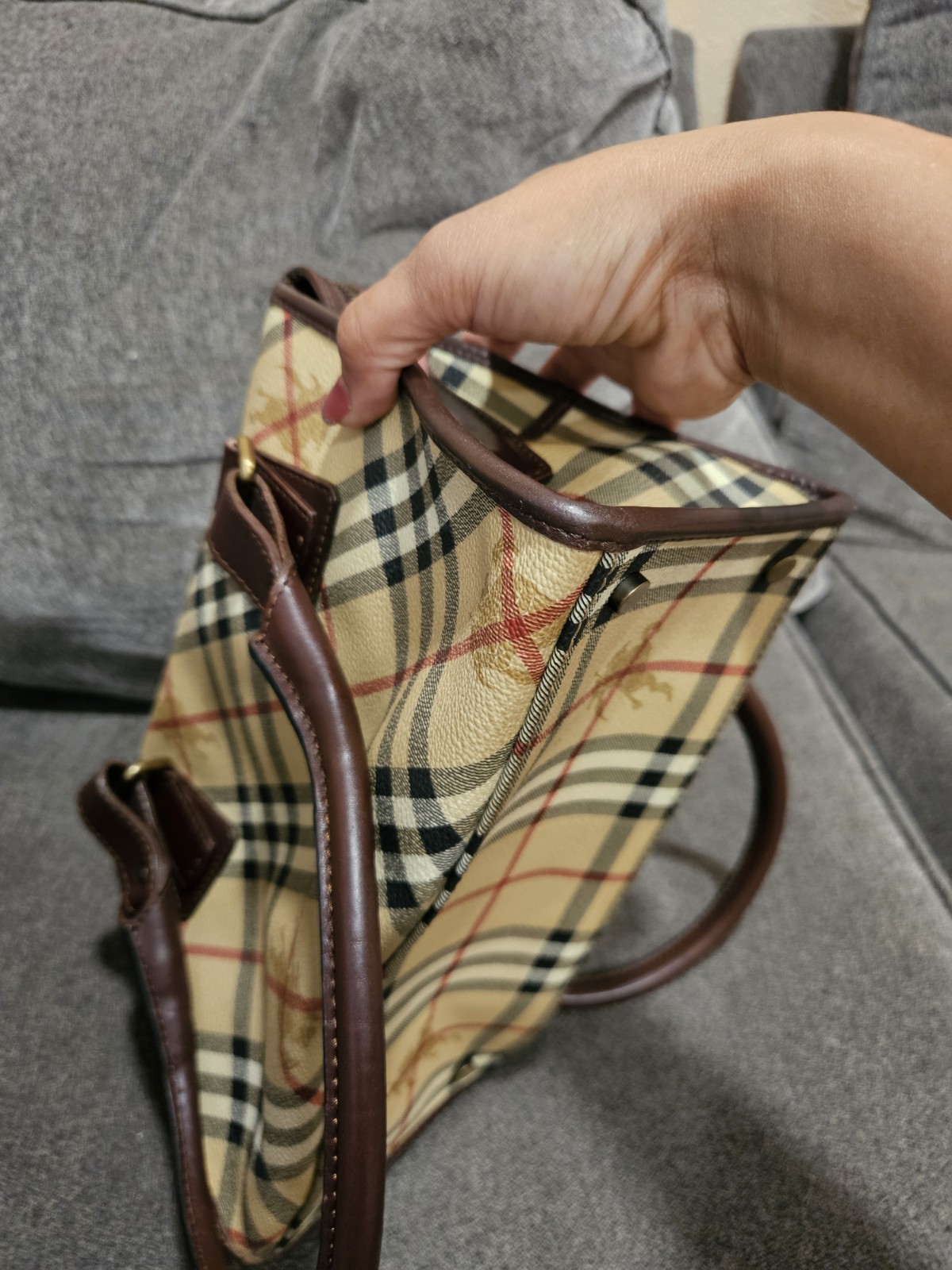 Plaid Zip-Top Satchel Top Handle Bag Double Brown Leather Handles Gold