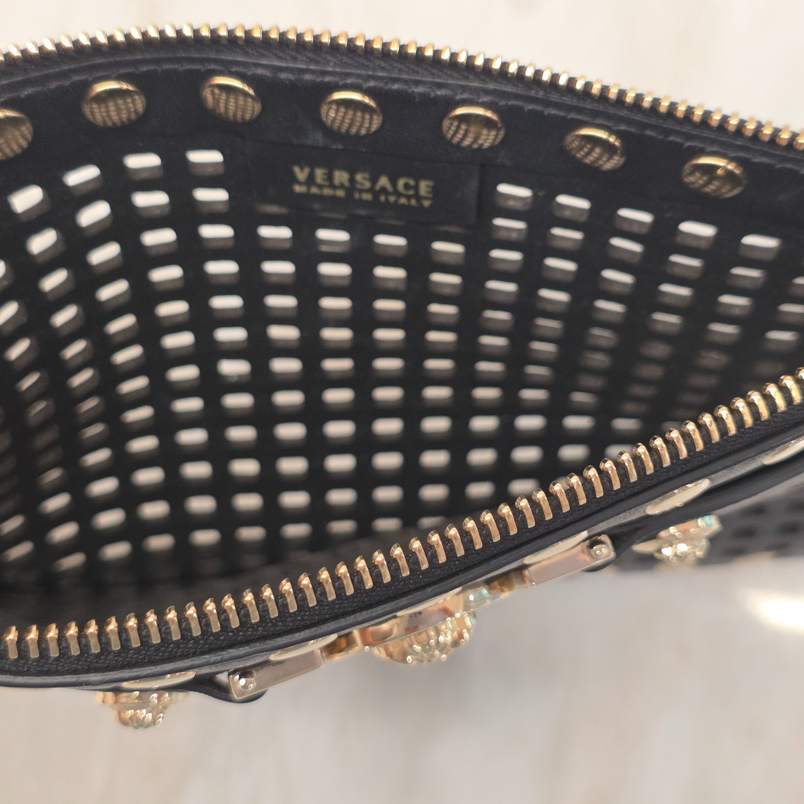 Versace Perforated Studded Black Calfskin Leather Wristlet Clutch – Gorgeous
