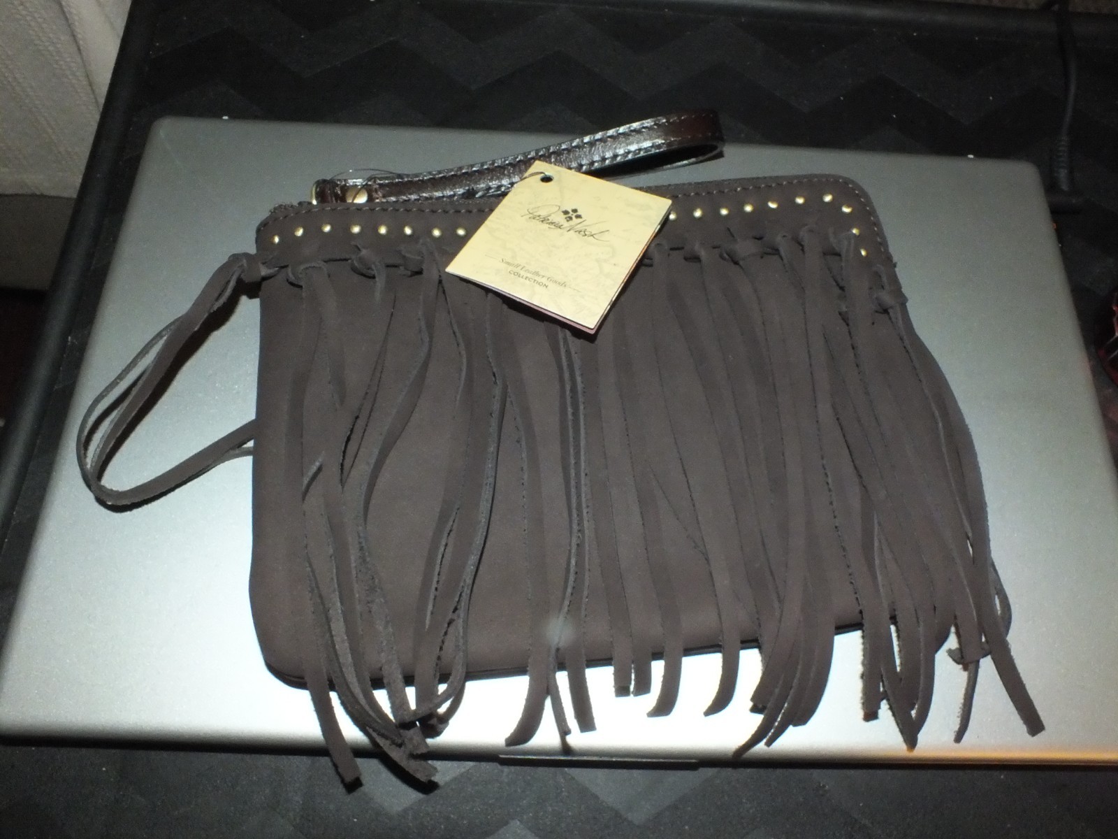 PATRICIA NASH CASSINI NUBUCK chocolate FRINGED WRISTLET NWT