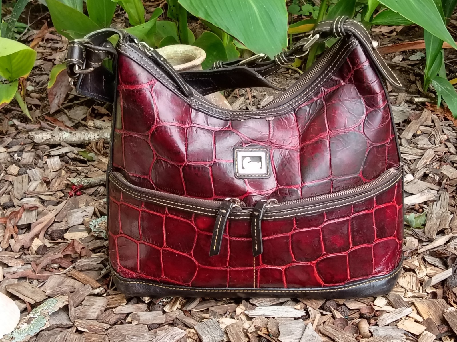 Dooney & Bourke Burgundy Croc Embossed Shoulder Bag Zip Front Pocket Gold
