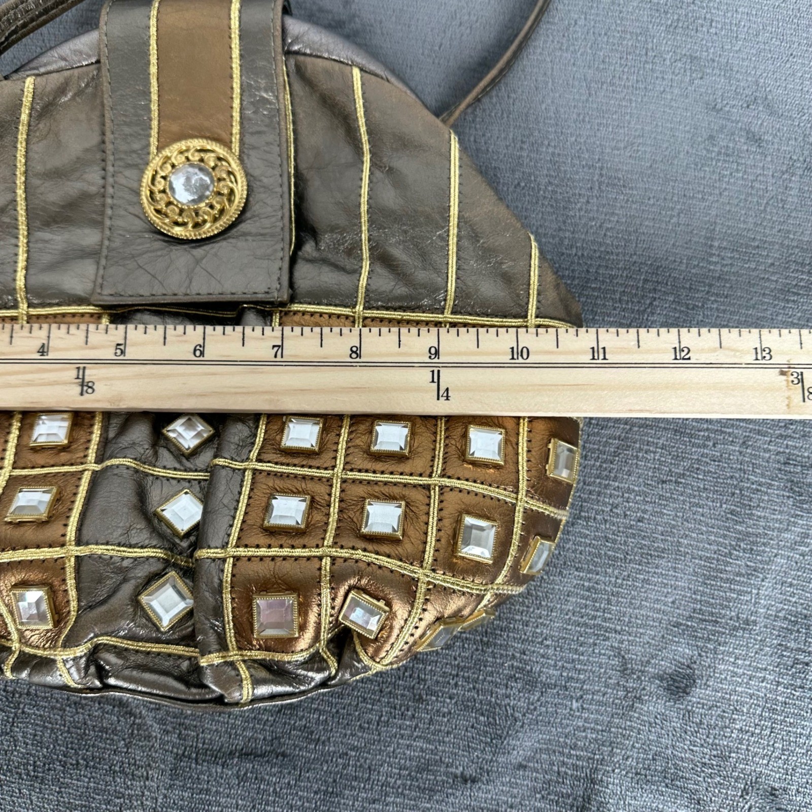 Metallic Bronze Gold Embellished Crossbody Bag Rhinestone Grid Vintage READ
