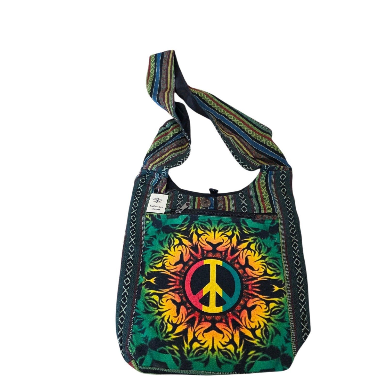 Kathmandu Imports Peace Sign Tiger Mandala Boho Cotton Crossbody Sling Bag Nepal