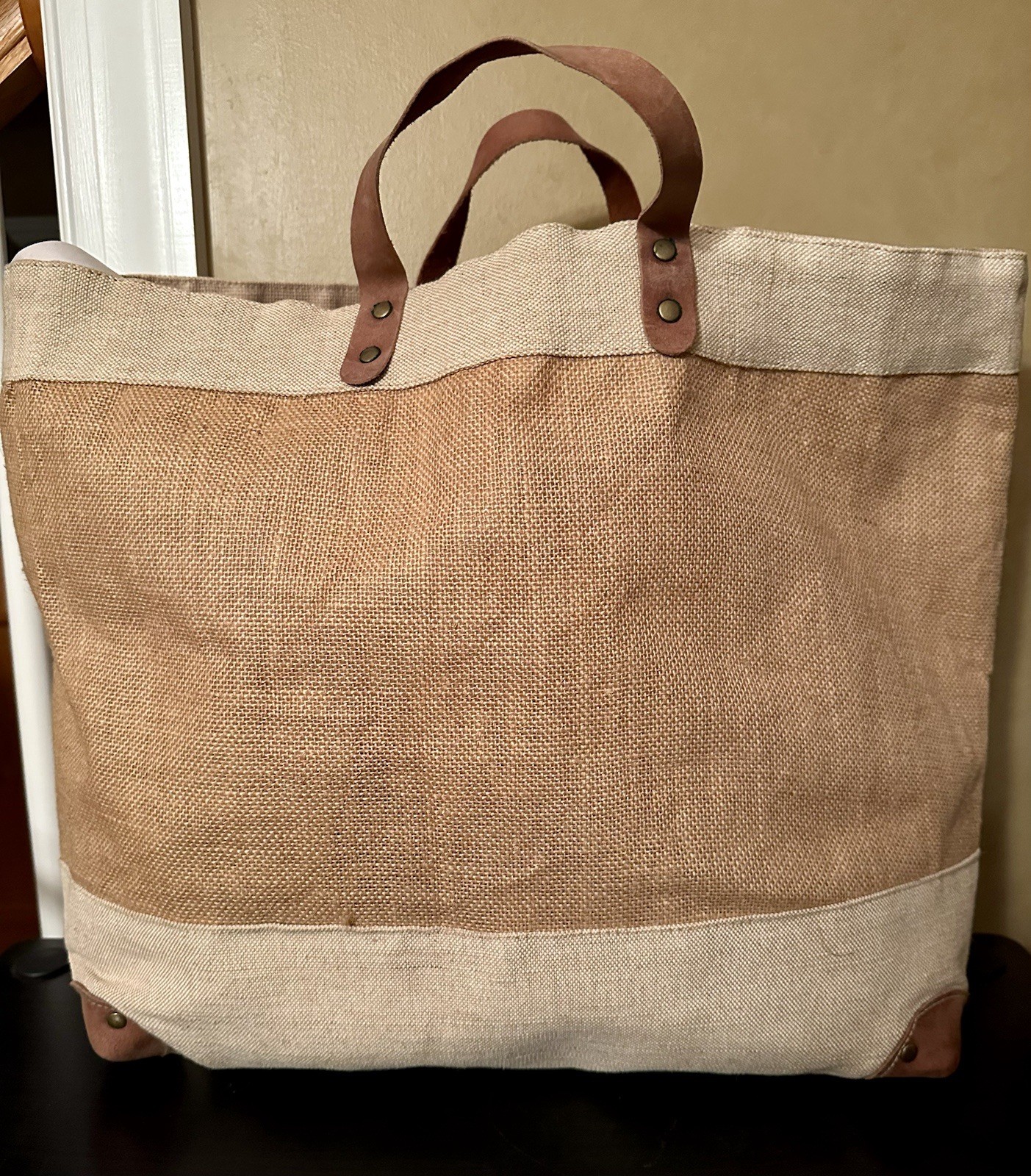 Jute Canvas Market Tote Bag Genuine Lather Handles Corners Tan 14x14x6