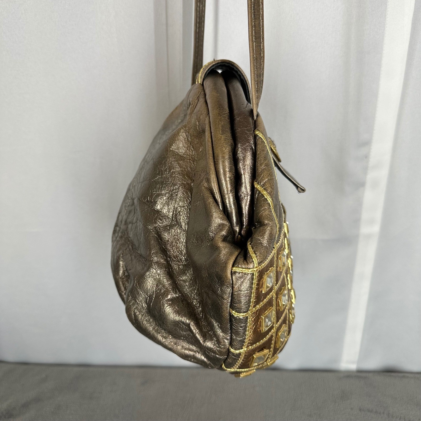 Metallic Bronze Gold Embellished Crossbody Bag Rhinestone Grid Vintage READ
