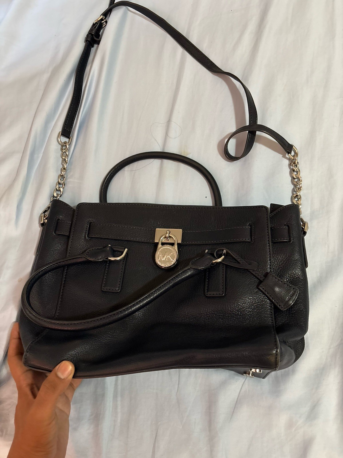 Michael Kors Hamilton Satchel black buckle/lock hardware, chain shoulder strap