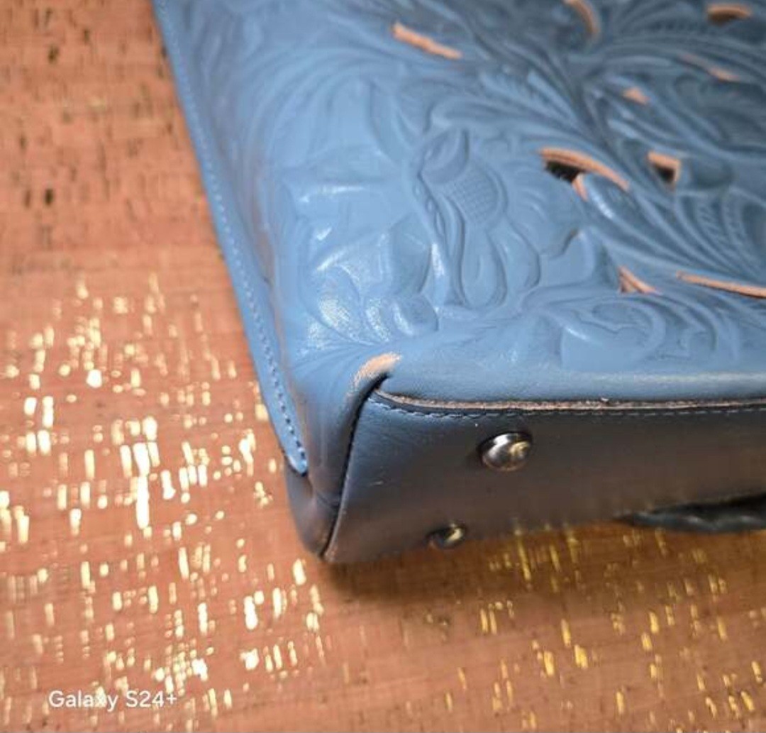 Blue Embossed Floral Tote Shoulder Bag Magnetic & Zip Closure Inner/Outer P