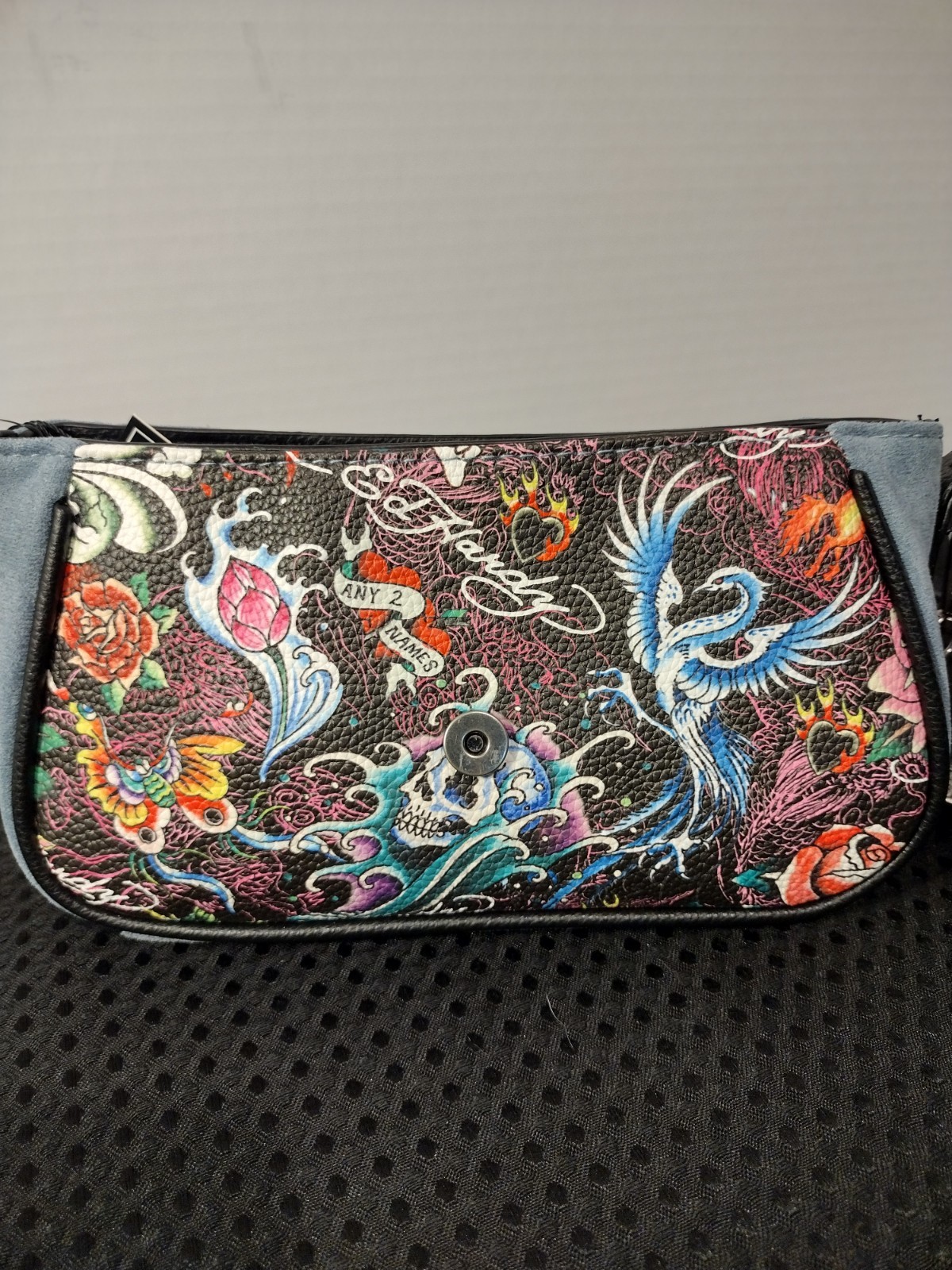 Ed Hardy Blue/Black Small Shoulder Bag, Skull Floral, Zip/Magnetic, Charm Strap