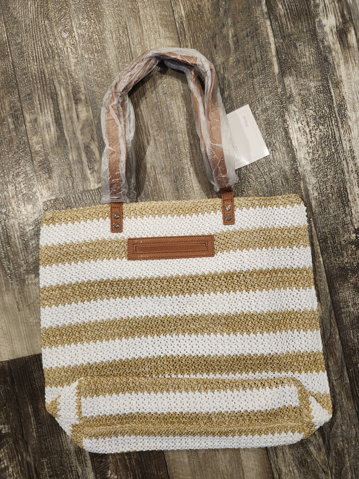 Thirty-One “Around Town Tote” – AF89 White Striped Straw Shoulder Bag…