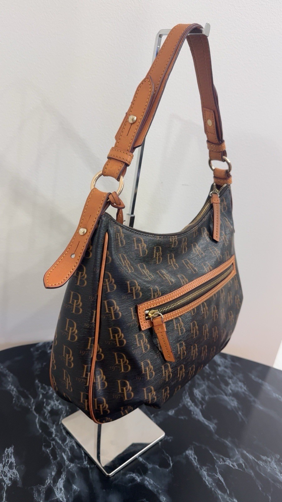 Dooney & Bourke Handbag Brown Logo Hobo with Tan Trim AUTHENTIC